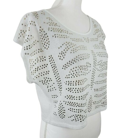 Almost Famous Cropped Sleeveless Sweater Knit Gold Rhinestone Studded Sz Med - Picture 2 of 10